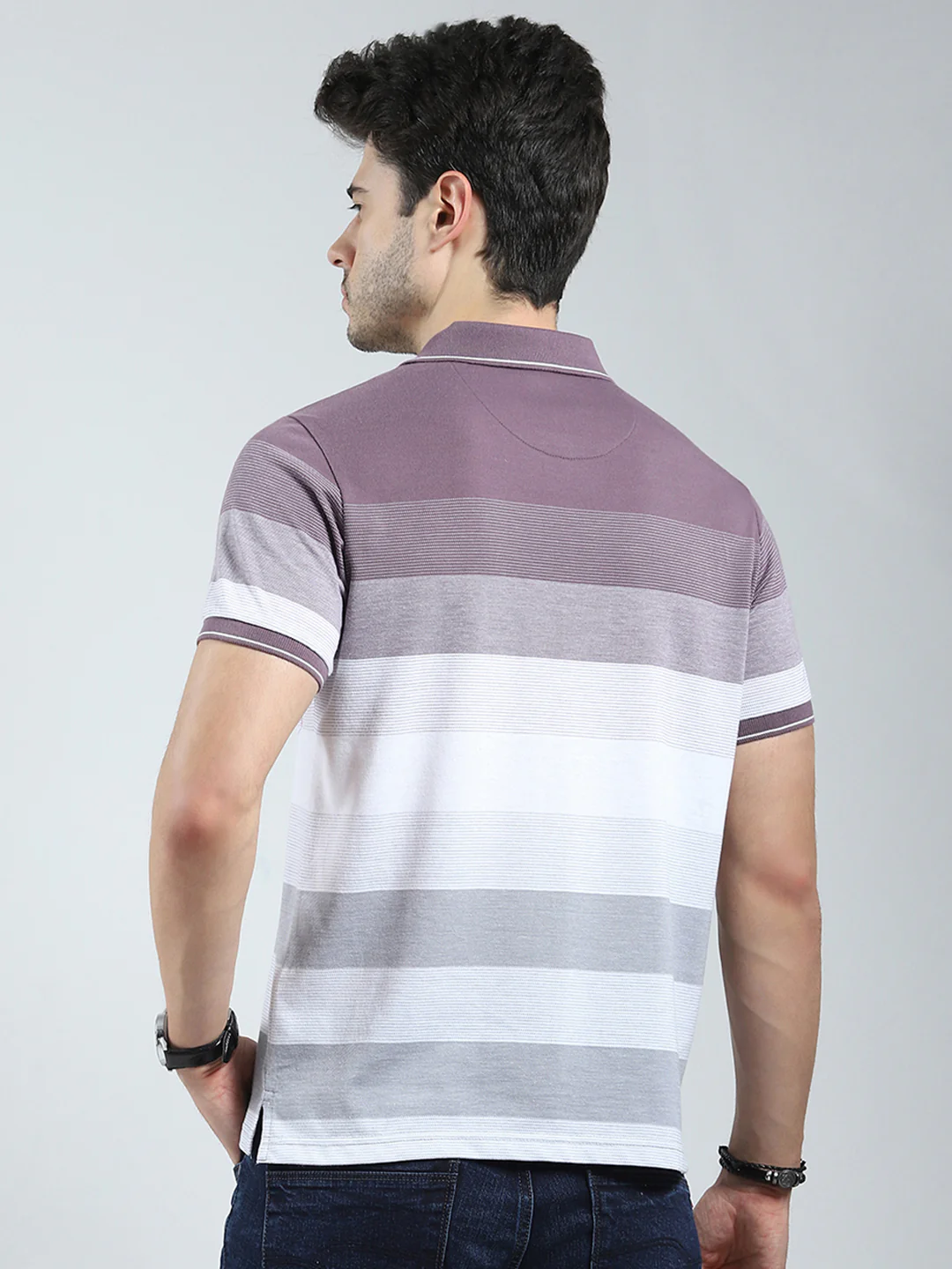 Men Mauve Stripe Collar Half Sleeve T-Shirt - Image 5
