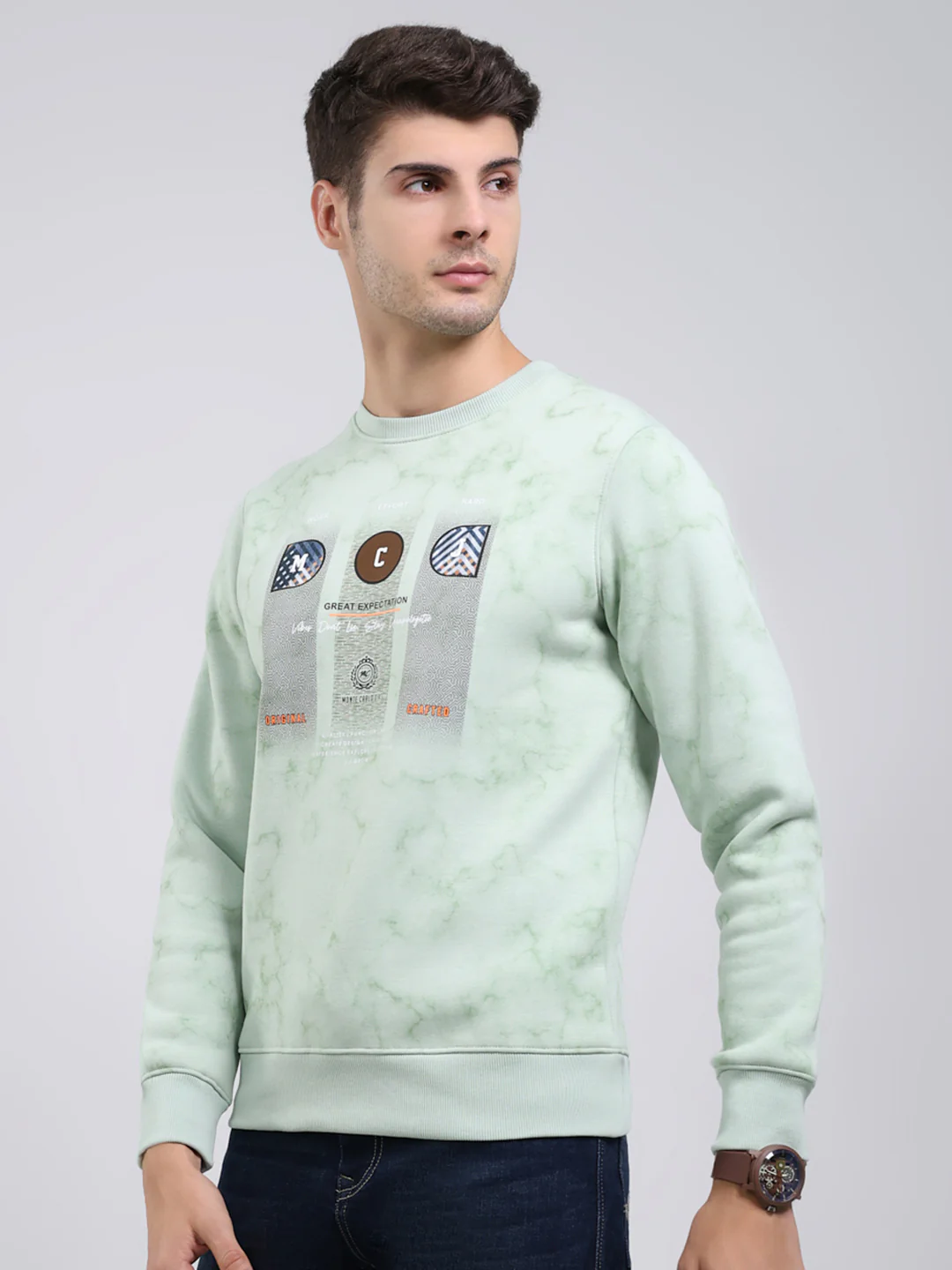 Men Mint Green Printed Round Neck Full Sleeve Sweatshirt - Image 3
