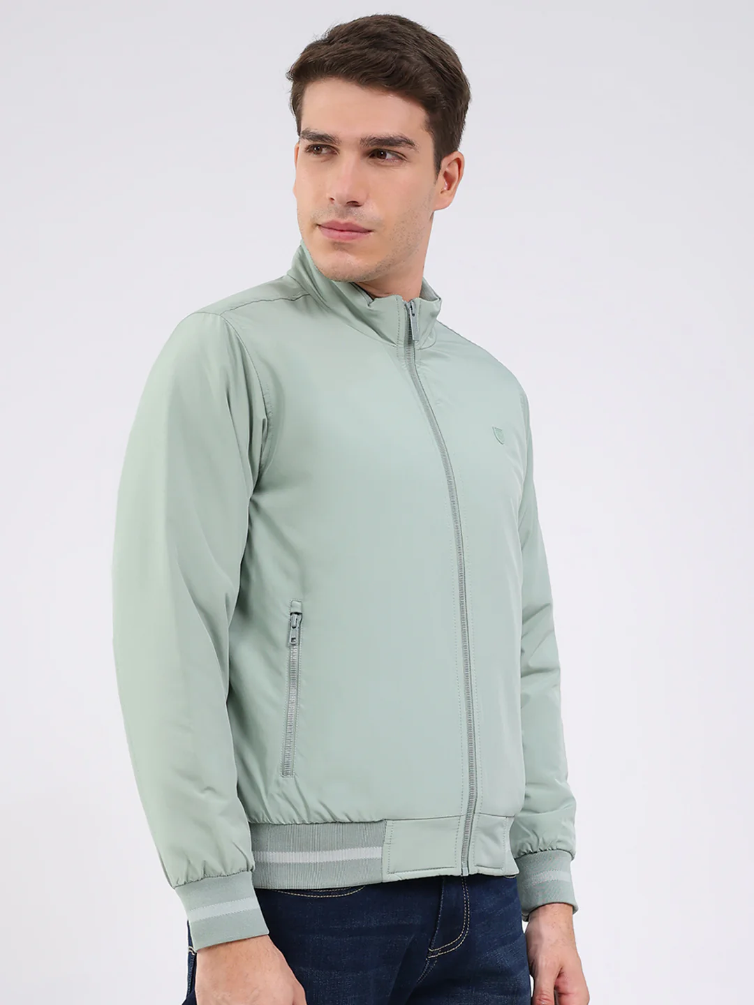 Men Mint Green Solid Mock Neck Full Sleeve Jacket - Image 4