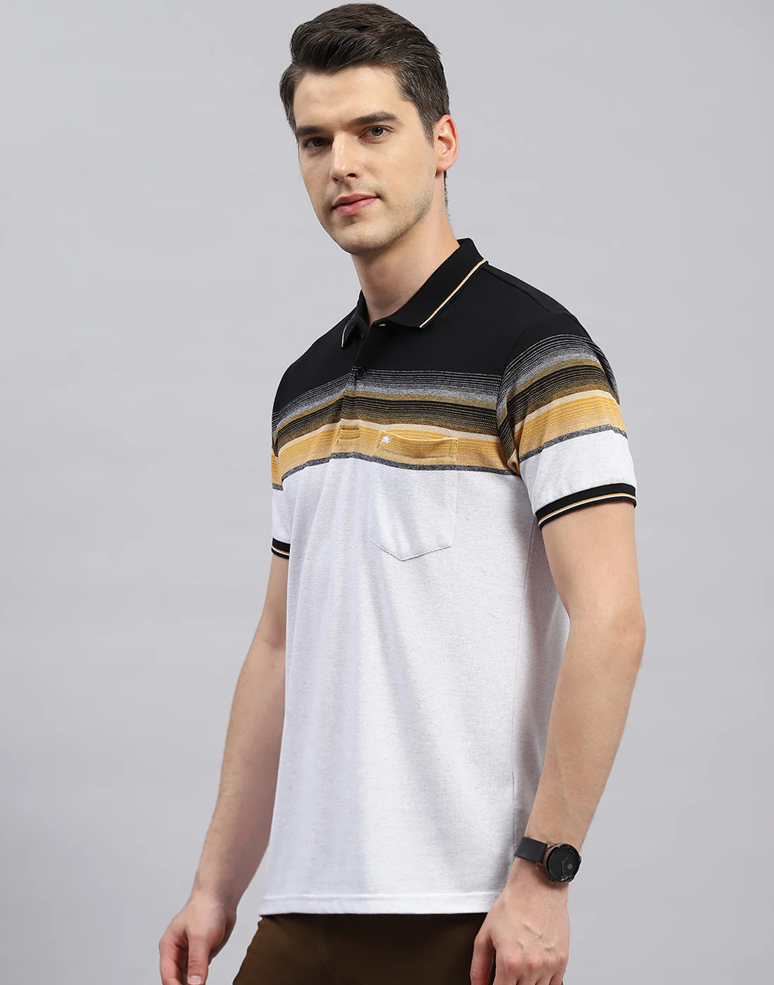 Men Multi Color Stripe Polo Collar Half Sleeve T-Shirt - Image 3