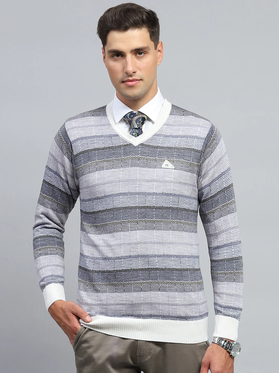Men Multicolor Check V Neck Full Sleeve Pullover - Image 2