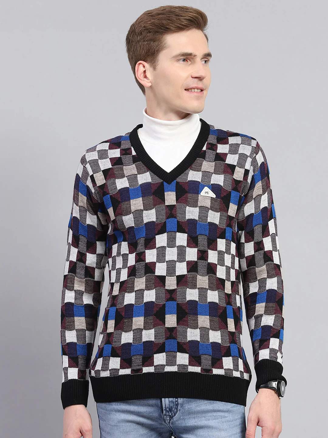 Men Multicolor Check V Neck Full Sleeve Pullover - Image 2