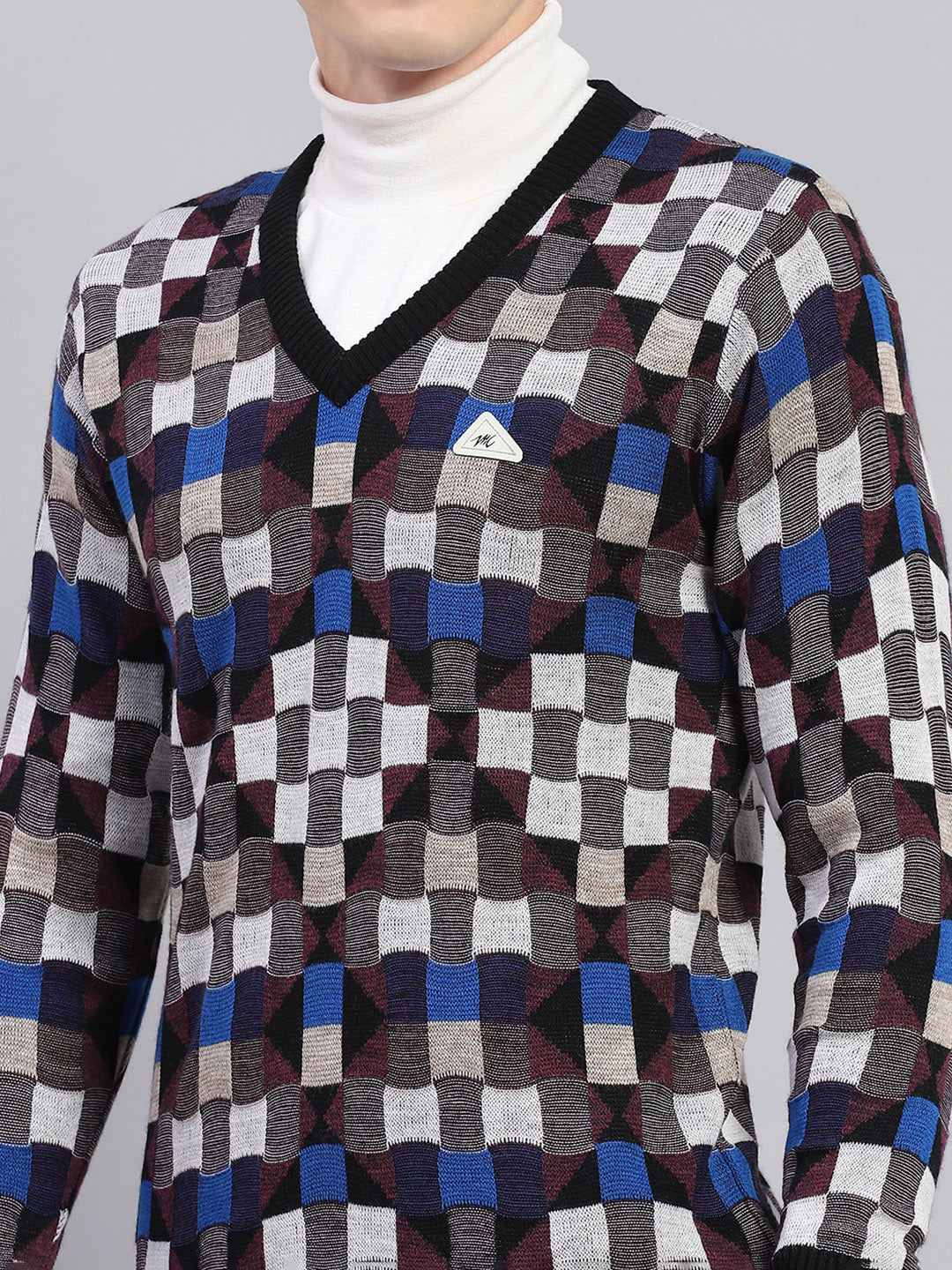Men Multicolor Check V Neck Full Sleeve Pullover - Image 7