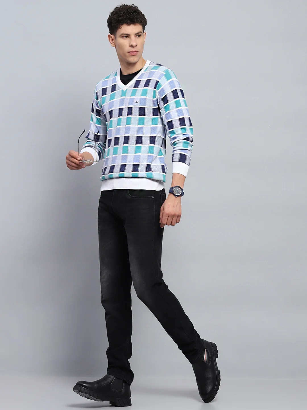 Men Multicolor Check V Neck Full Sleeve Pullover - Image 2