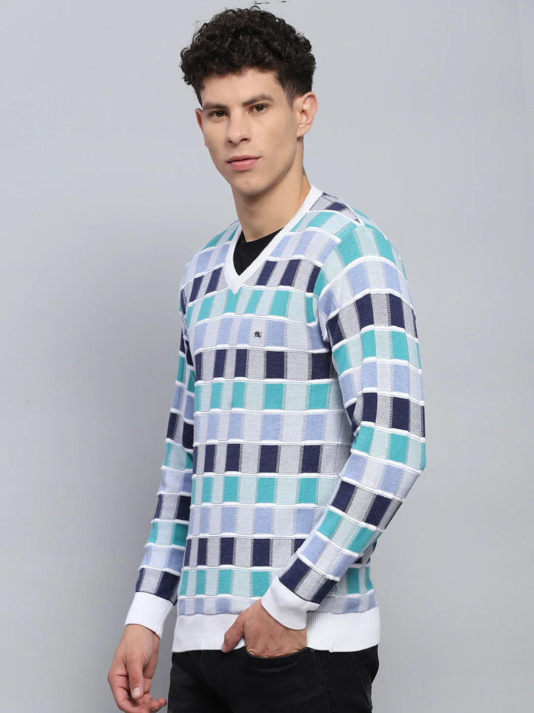 Men Multicolor Check V Neck Full Sleeve Pullover - Image 3
