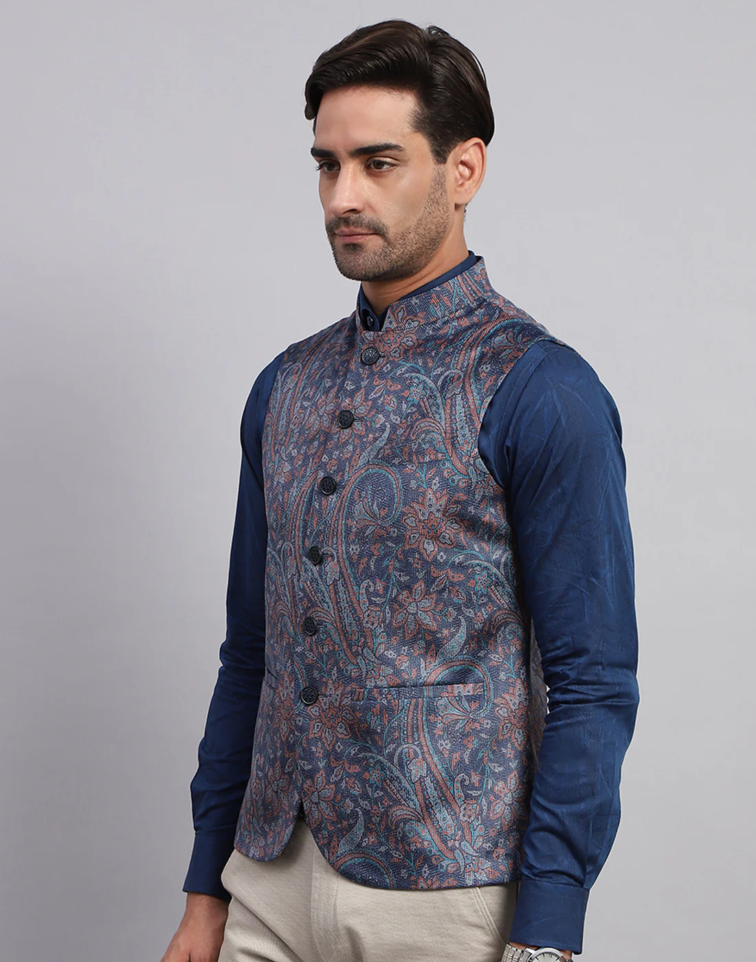 Men Multicolor Floral Print Band Collar Sleeveless Nehru Jacket - Image 3