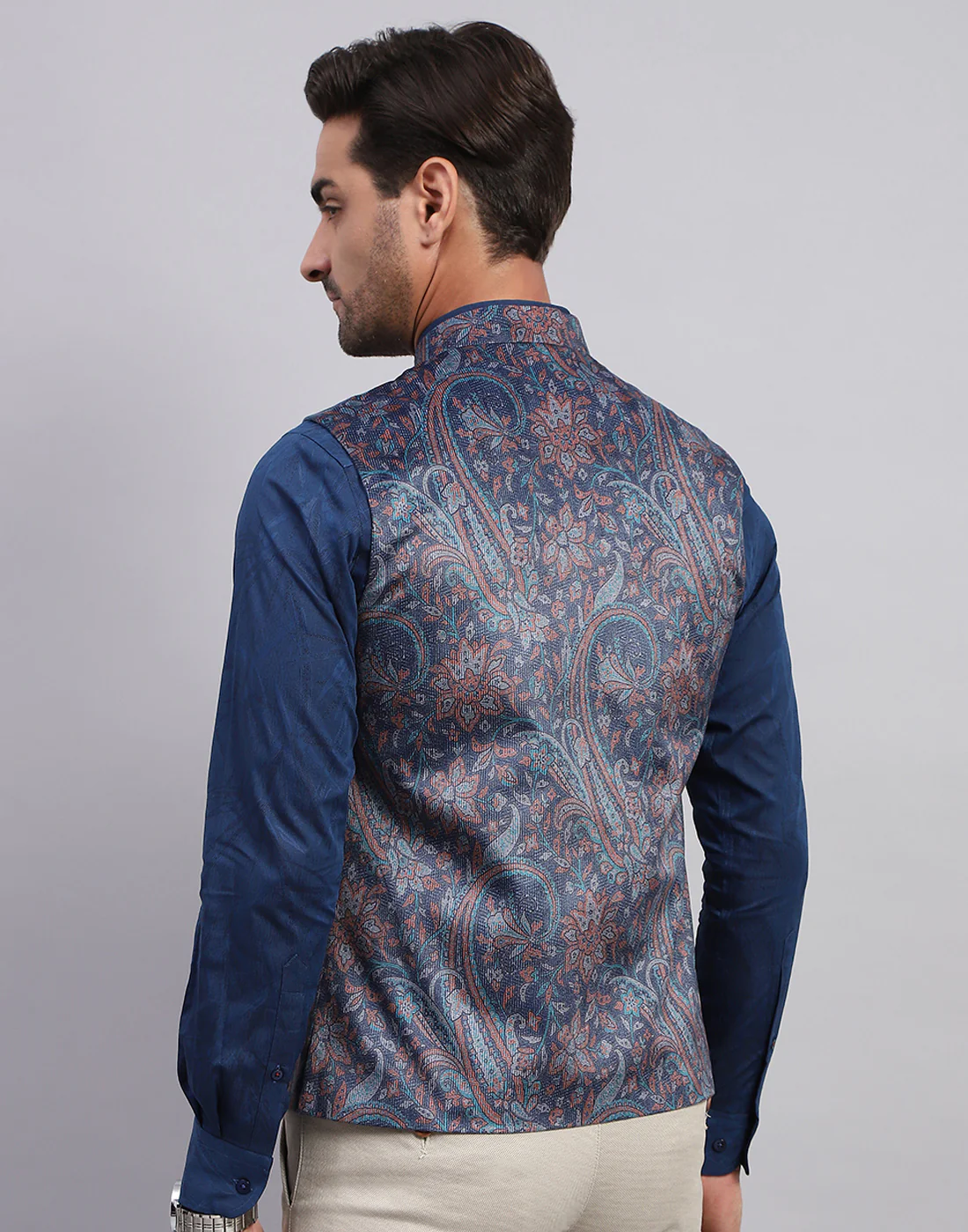 Men Multicolor Floral Print Band Collar Sleeveless Nehru Jacket - Image 5