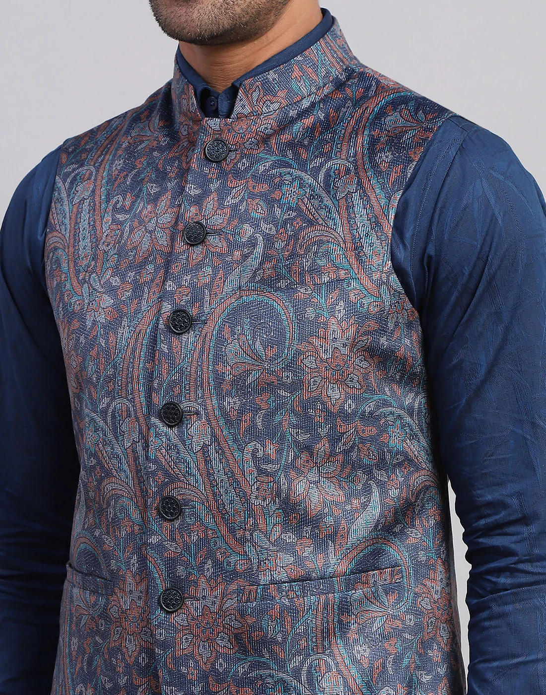 Men Multicolor Floral Print Band Collar Sleeveless Nehru Jacket - Image 6