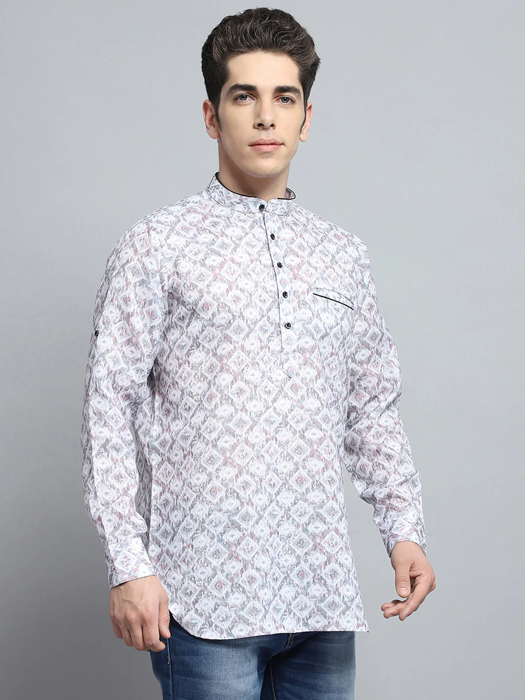 Men Multicolor Printed Band Collar Full Sleeve Kurta - Image 4