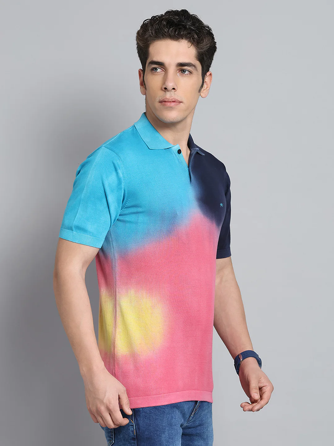 Men Multicolor Solid Collar Half Sleeve T-Shirt - Image 4