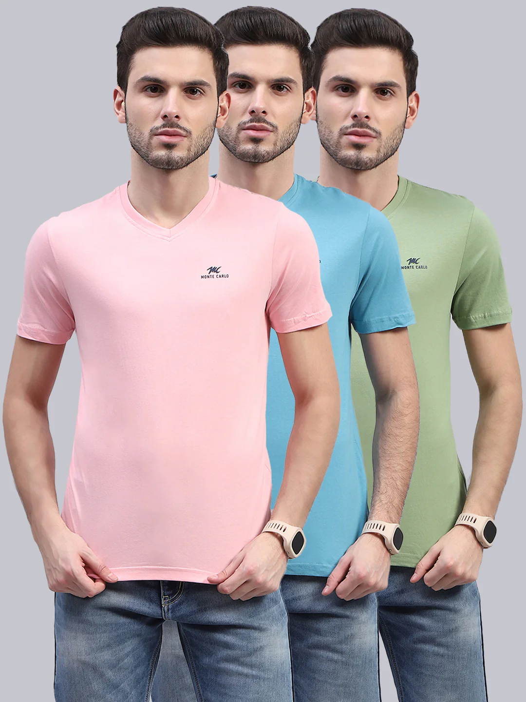 Men Multicolor Solid V Neck Half Sleeve T-Shirt (Pack of 3) - Image 2