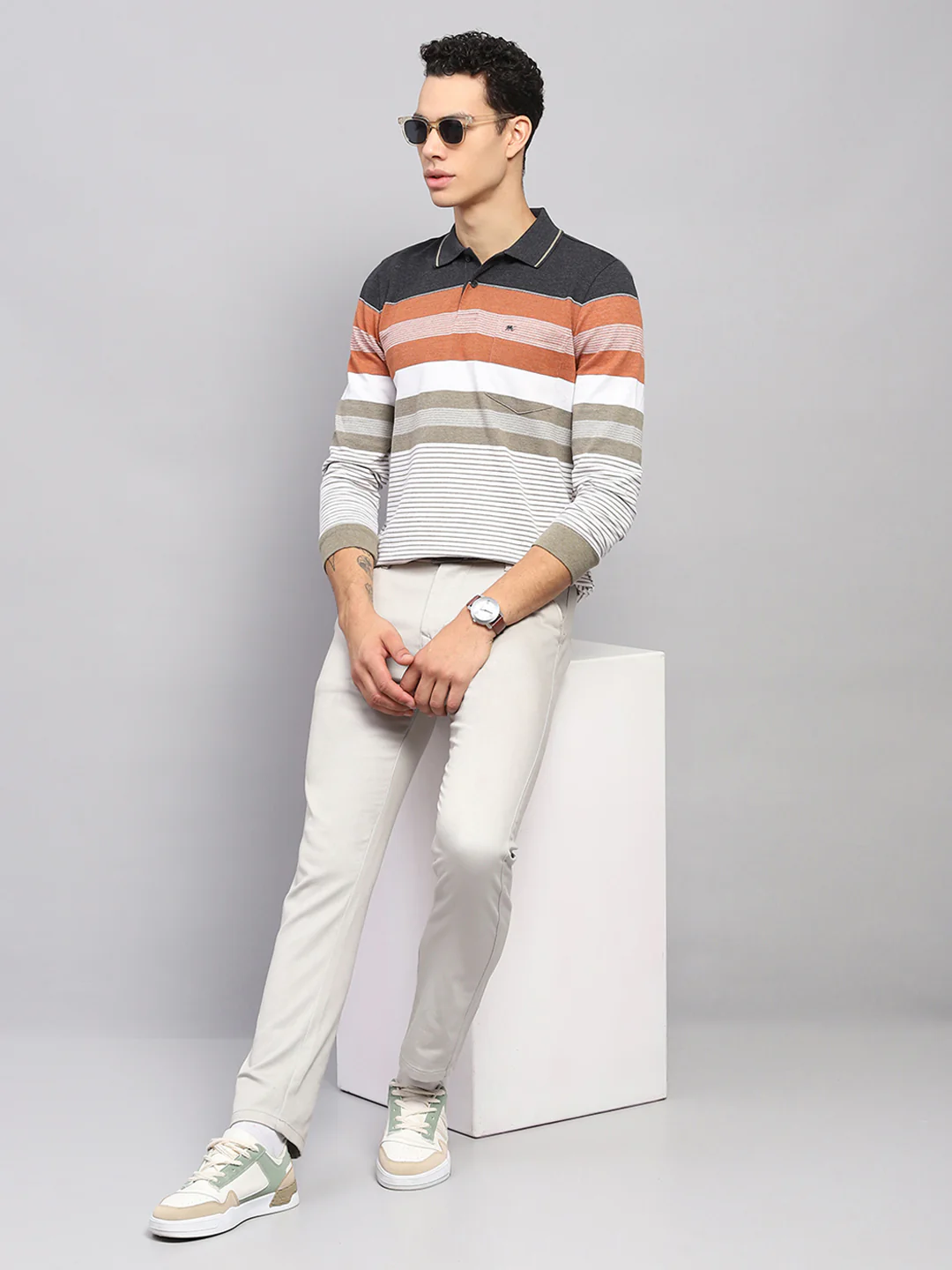 Men Multicolor Stripe Collar Full Sleeve Winter T-Shirt - Image 2