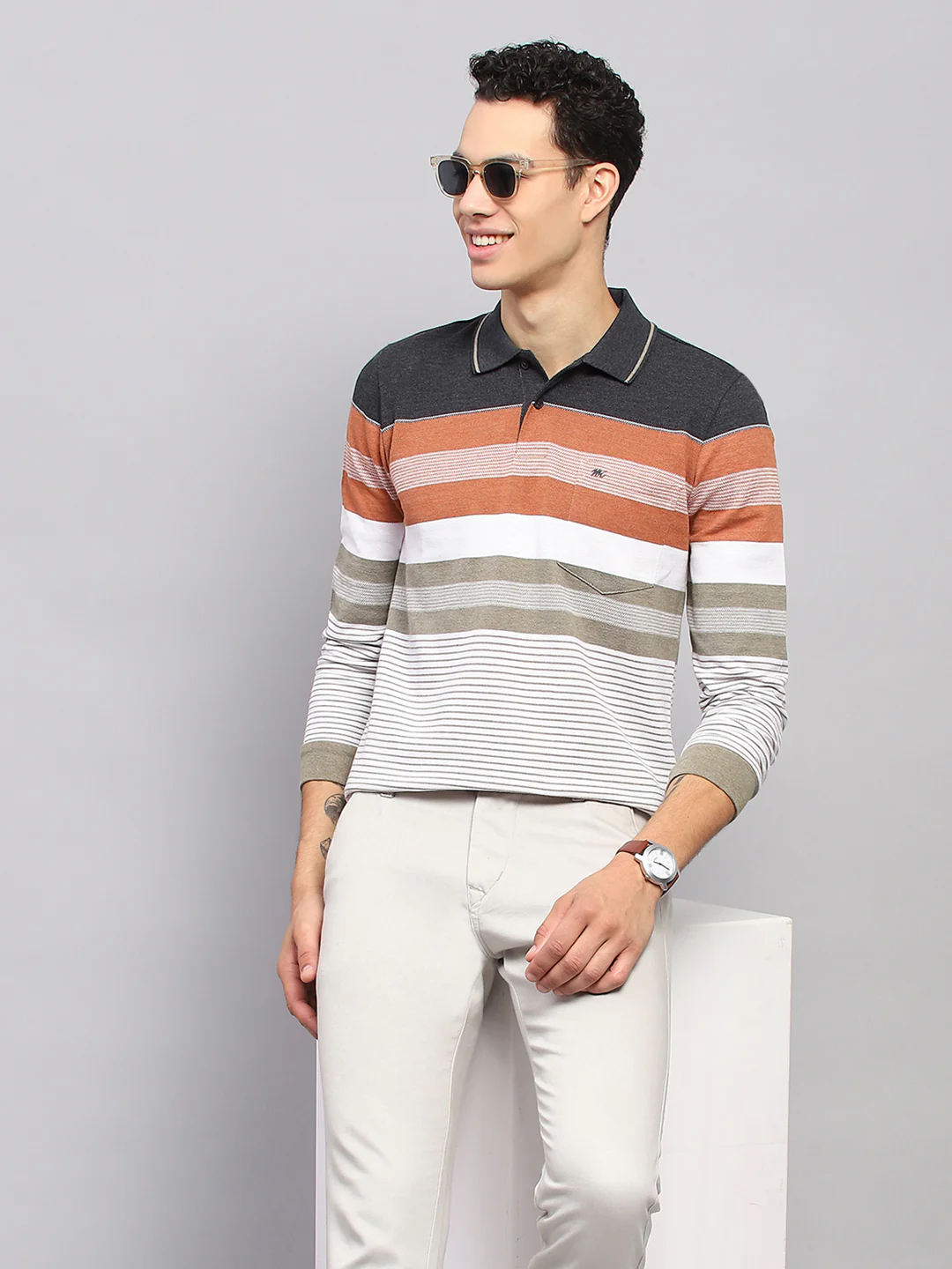 Men Multicolor Stripe Collar Full Sleeve Winter T-Shirt - Image 6