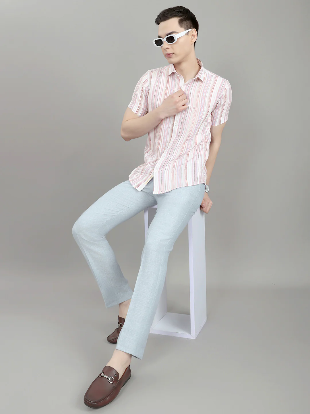 Men Multicolor Stripe Collar Half Sleeve Shirt - Image 7