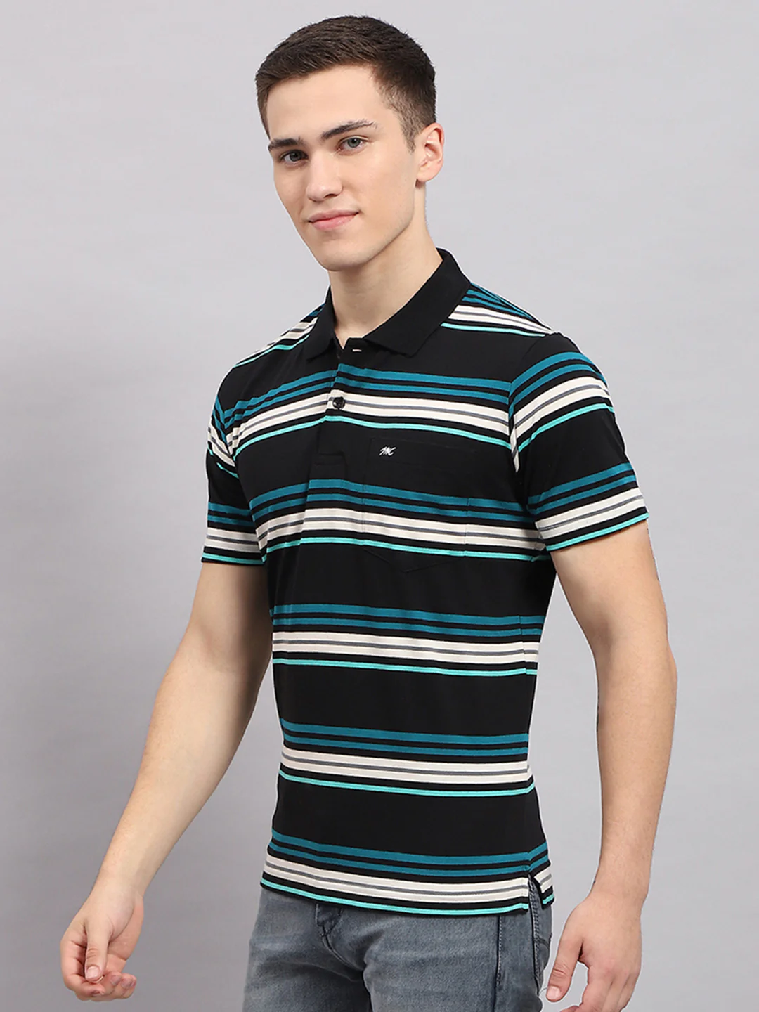 Men Multicolor Stripe Collar Half Sleeve T-Shirt - Image 3