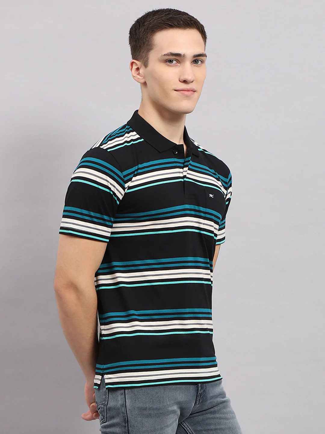 Men Multicolor Stripe Collar Half Sleeve T-Shirt - Image 4