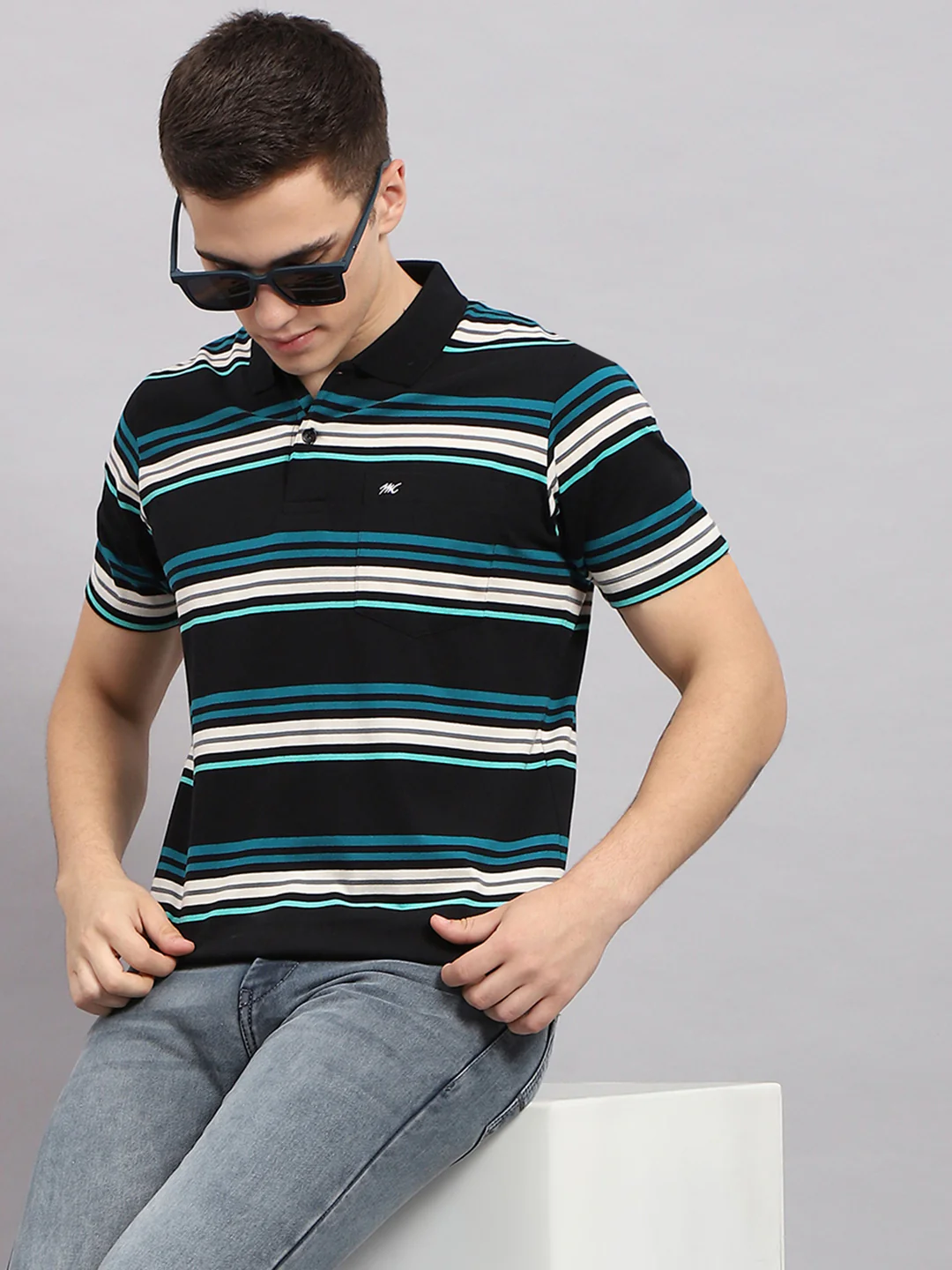 Men Multicolor Stripe Collar Half Sleeve T-Shirt - Image 6