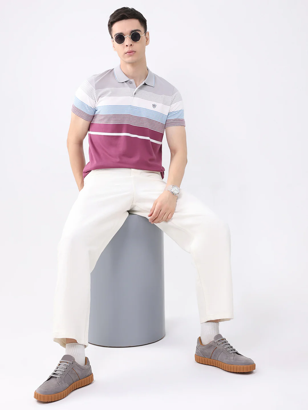 Men Multicolor Stripe Collar Half Sleeve T-Shirt - Image 2