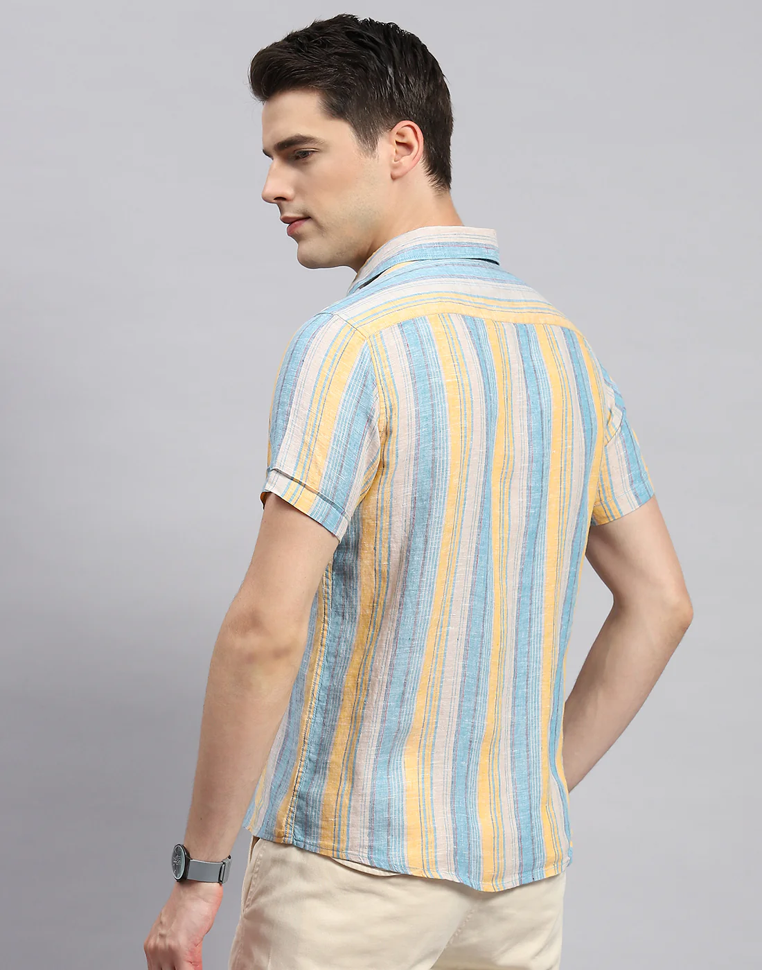 Men Multicolor Stripe Collar Neck Half Sleeve Linen Shirt - Image 5