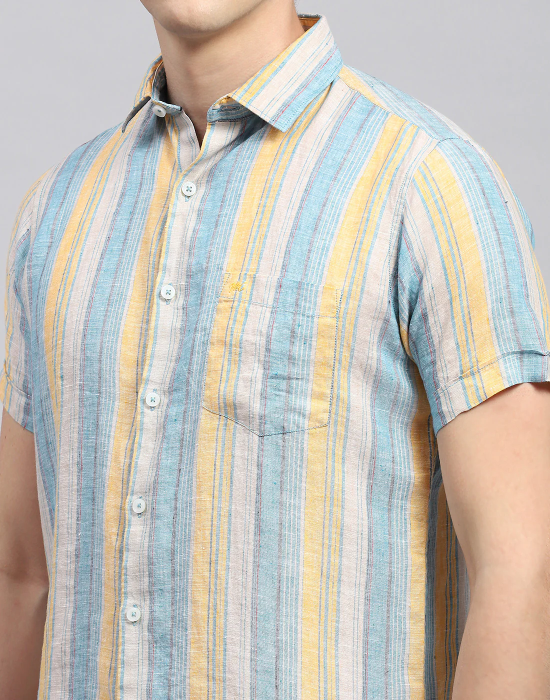 Men Multicolor Stripe Collar Neck Half Sleeve Linen Shirt - Image 6