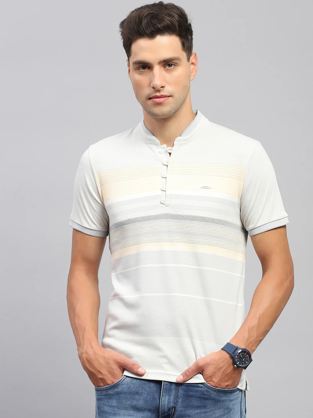 Men Multicolor Stripe Mandarin Neck Half Sleeve T-Shirt - Image 2