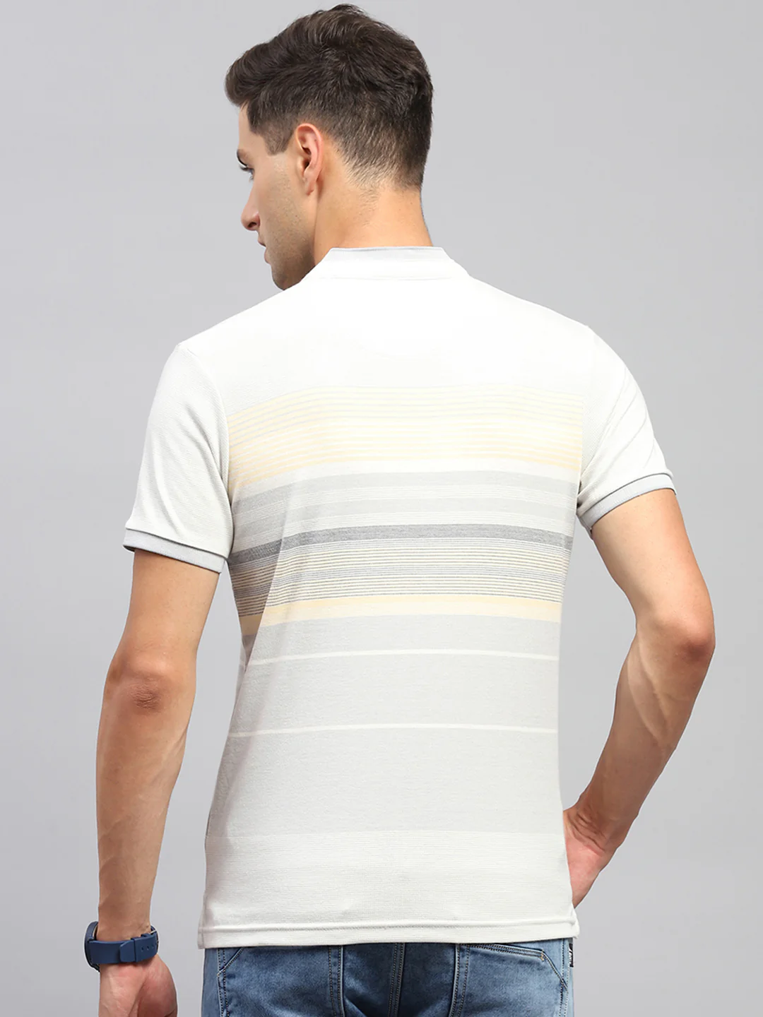 Men Multicolor Stripe Mandarin Neck Half Sleeve T-Shirt - Image 5