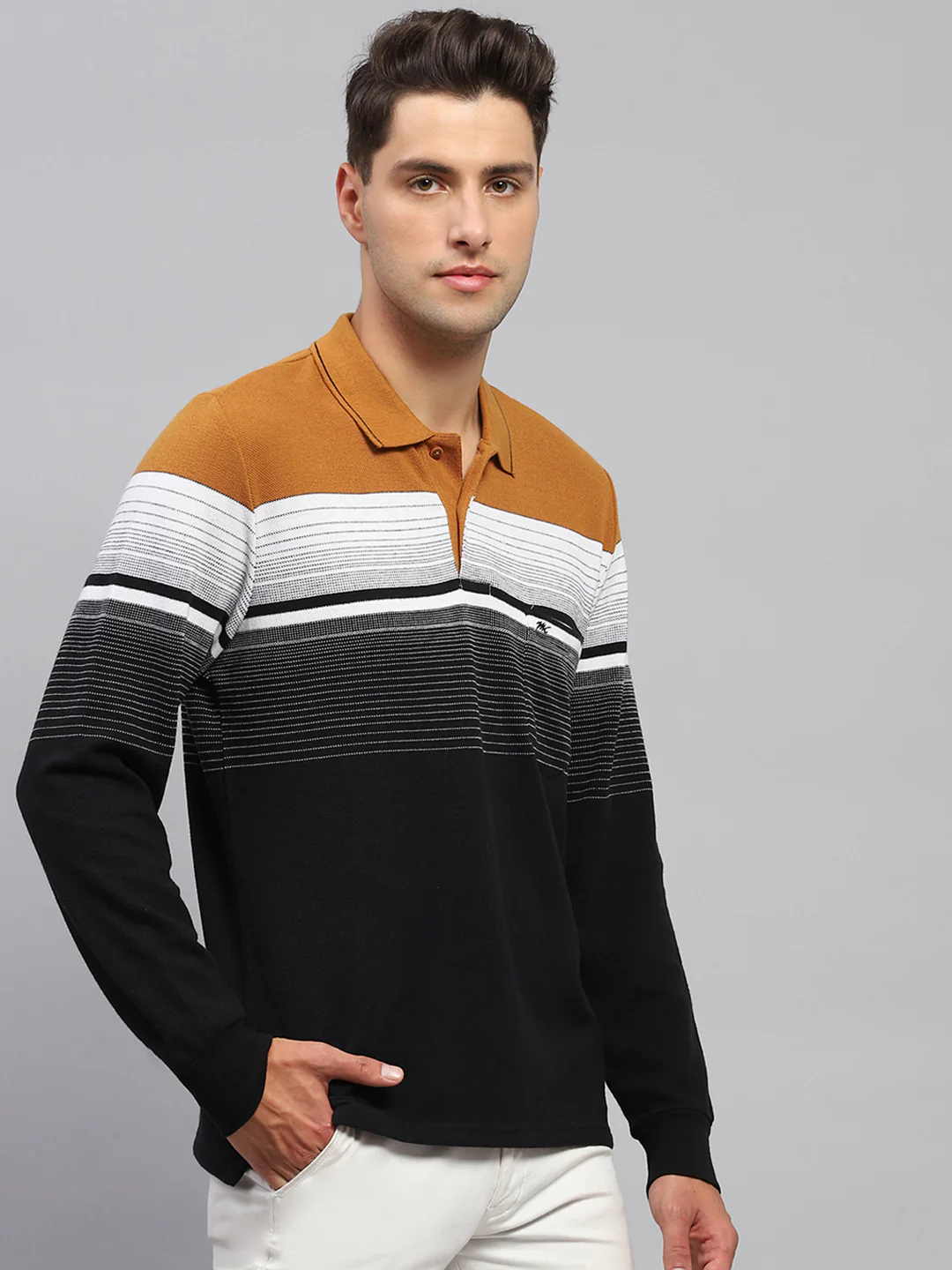 Men Multicolor Stripe Polo Collar Full Sleeve T-Shirt - Image 4