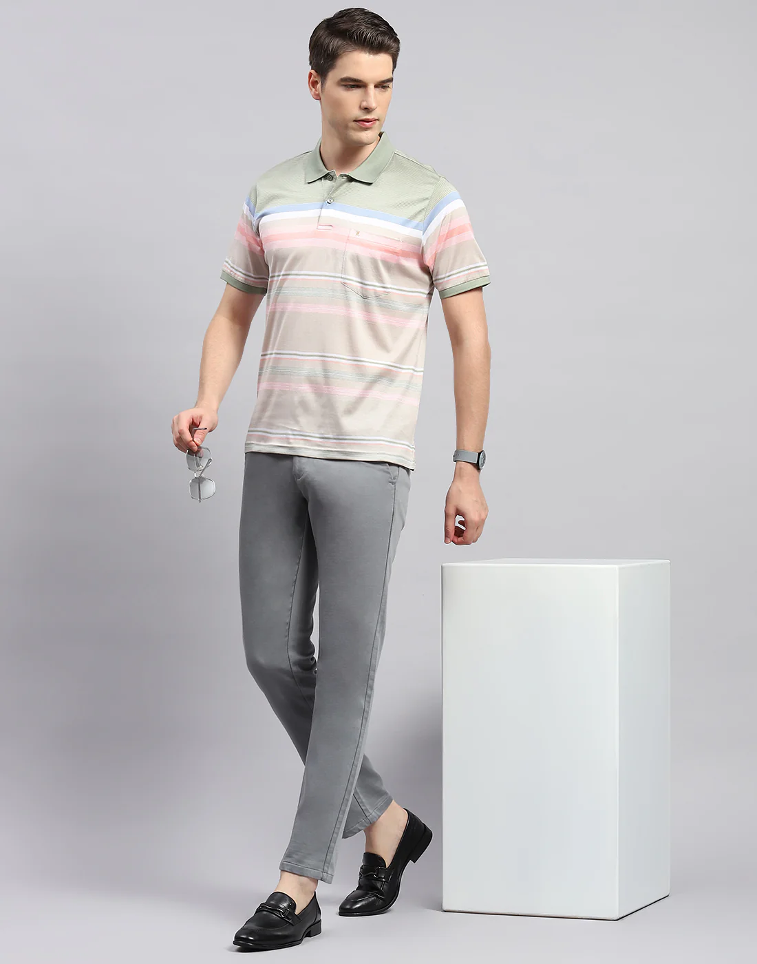 Men Multicolor Stripe Polo Collar Half Sleeve T-Shirt - Image 2