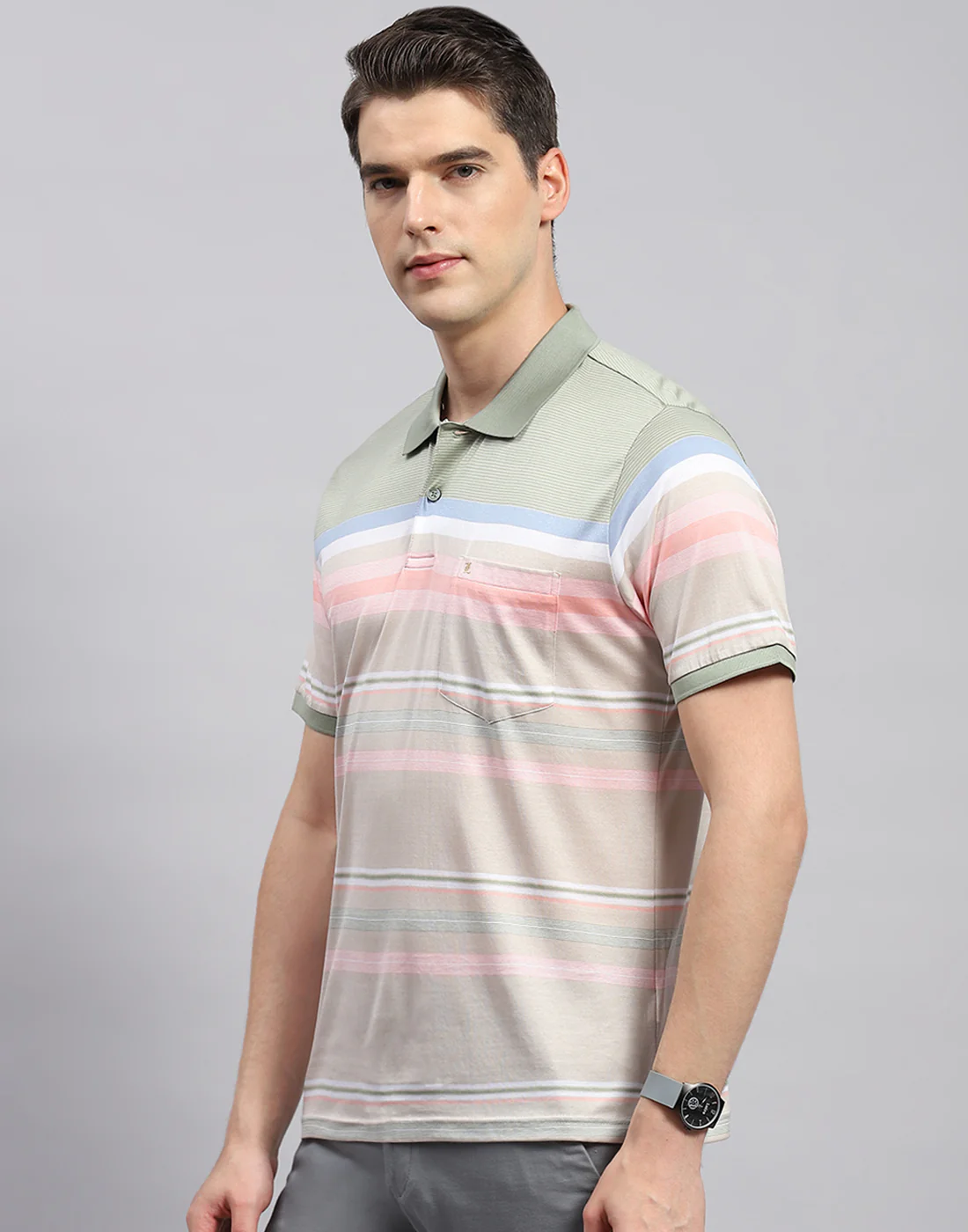 Men Multicolor Stripe Polo Collar Half Sleeve T-Shirt - Image 3