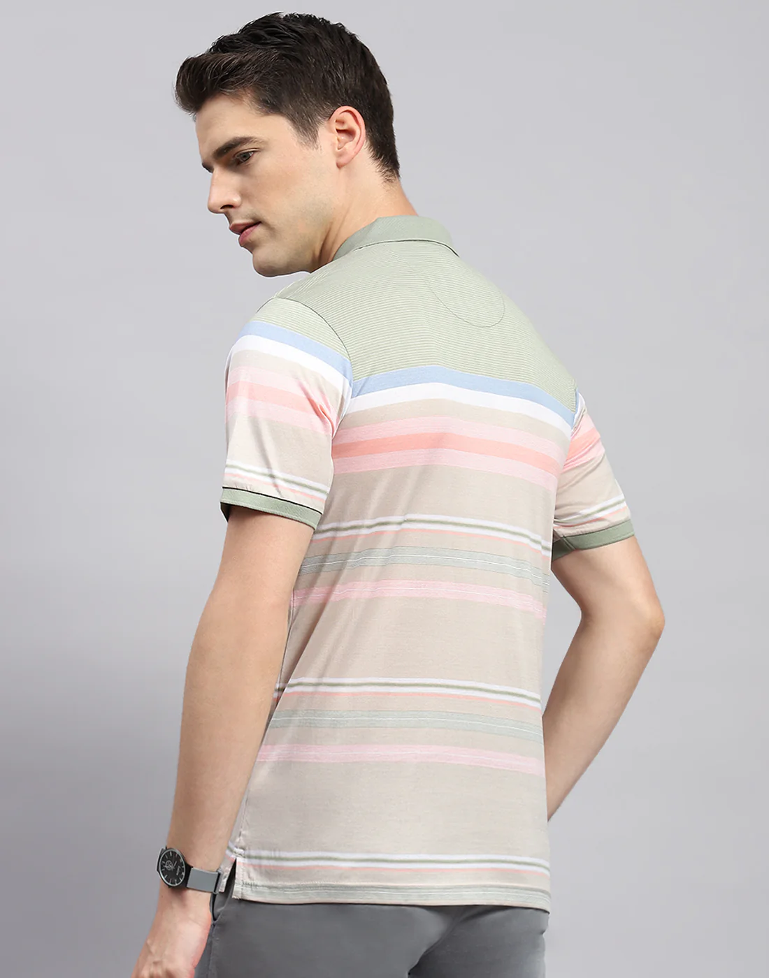 Men Multicolor Stripe Polo Collar Half Sleeve T-Shirt - Image 5