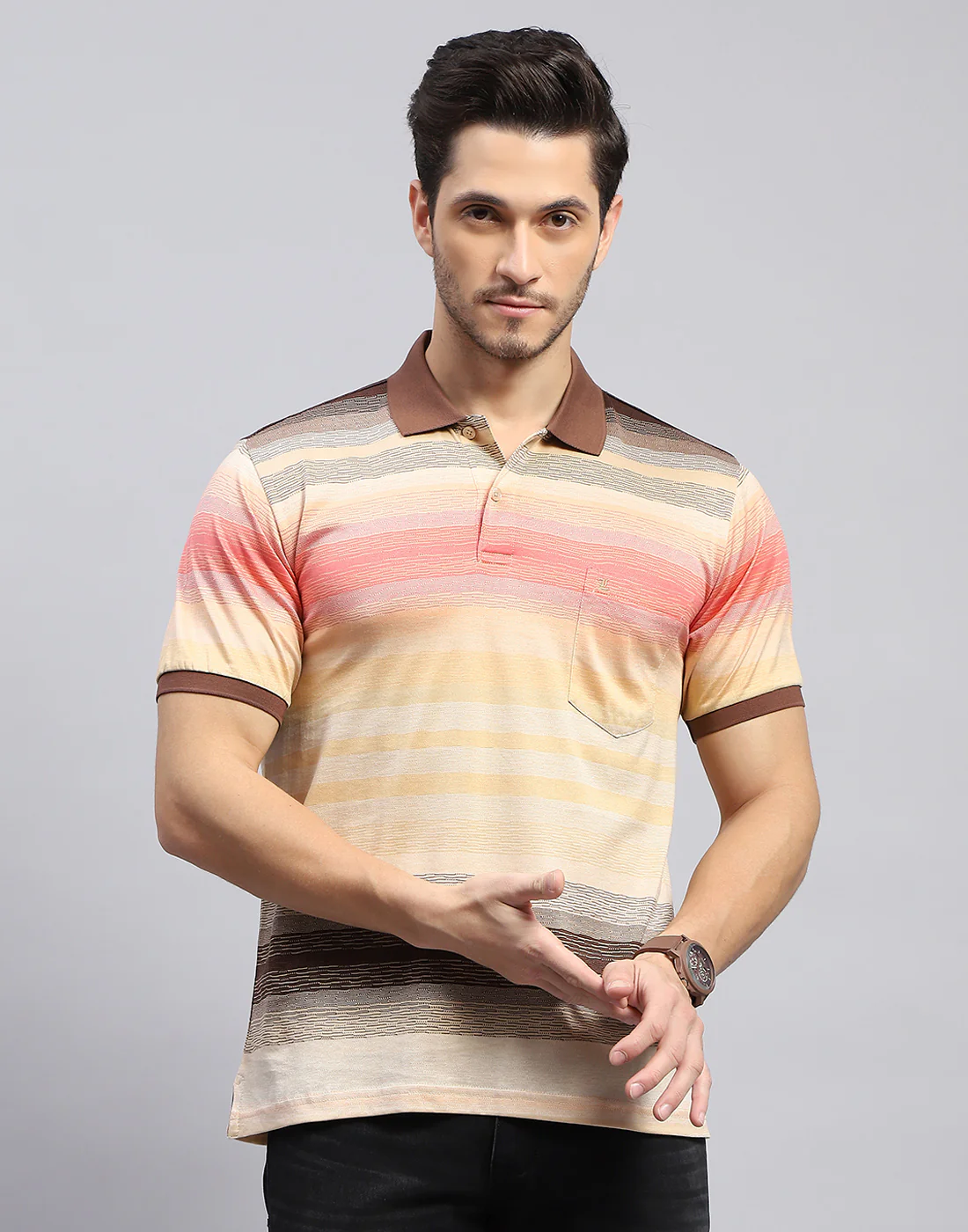 Men Multicolor Stripe Polo Collar Half Sleeve T-Shirt - Image 2