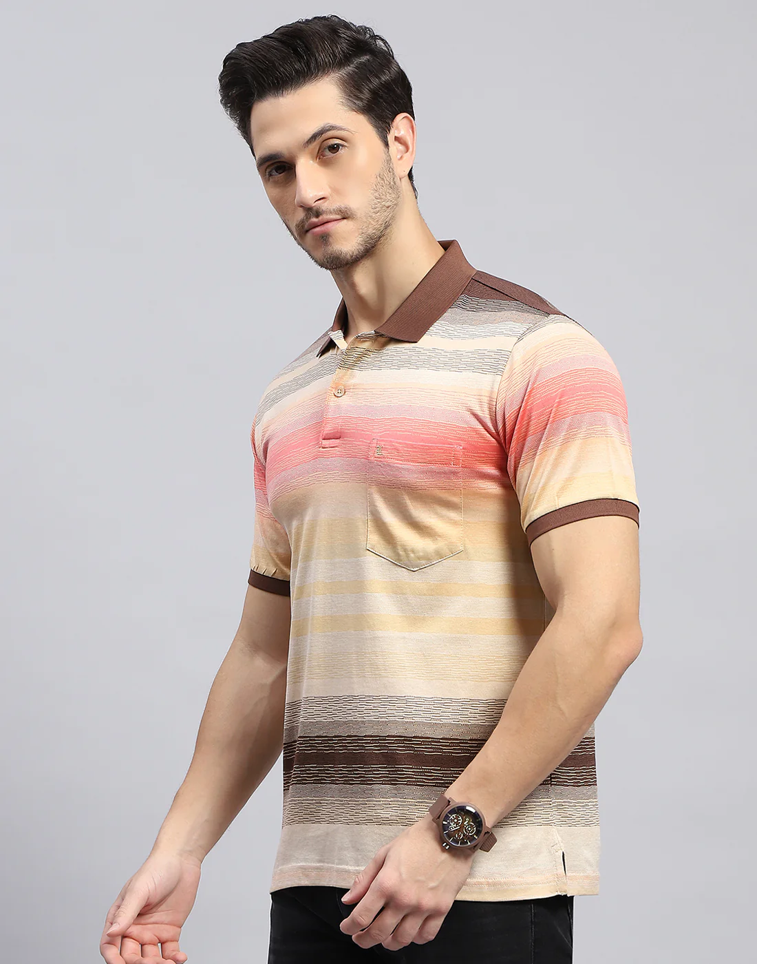 Men Multicolor Stripe Polo Collar Half Sleeve T-Shirt - Image 3