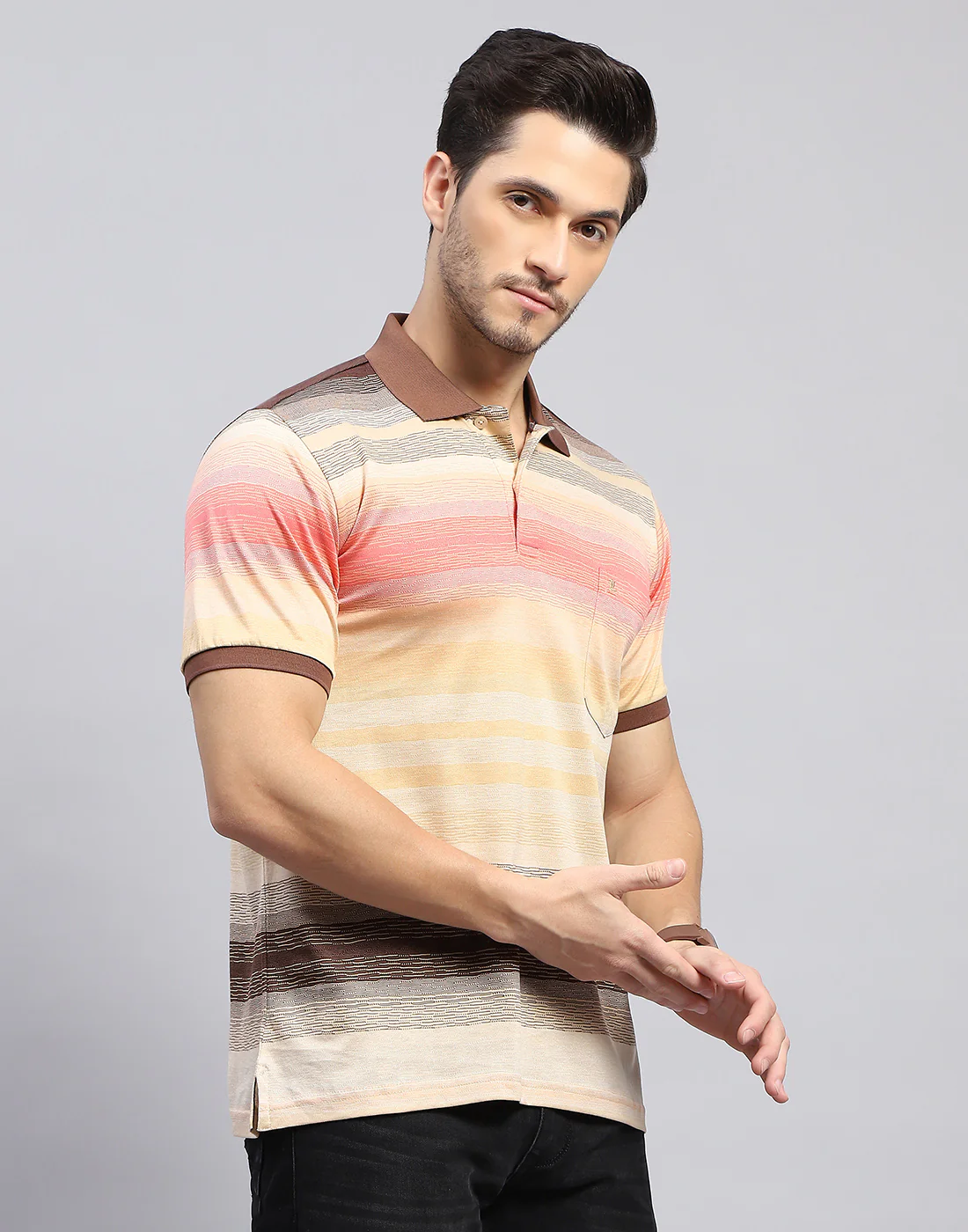 Men Multicolor Stripe Polo Collar Half Sleeve T-Shirt - Image 4