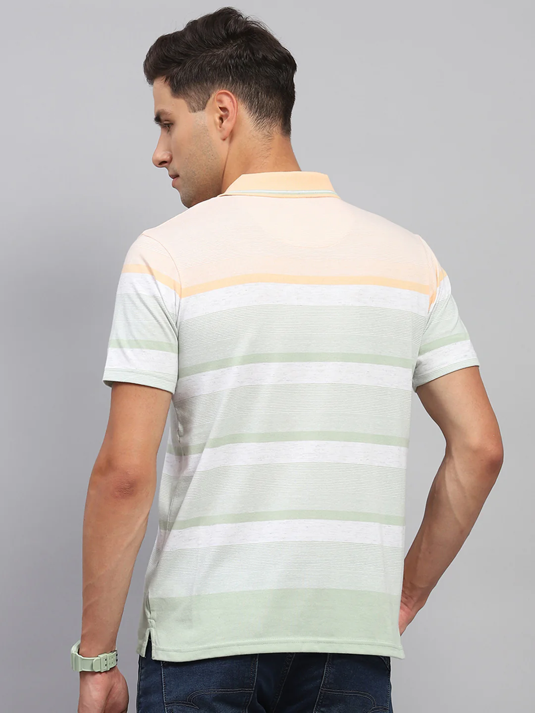 Men Multicolor Stripe Polo Collar Half Sleeve T-Shirt - Image 5