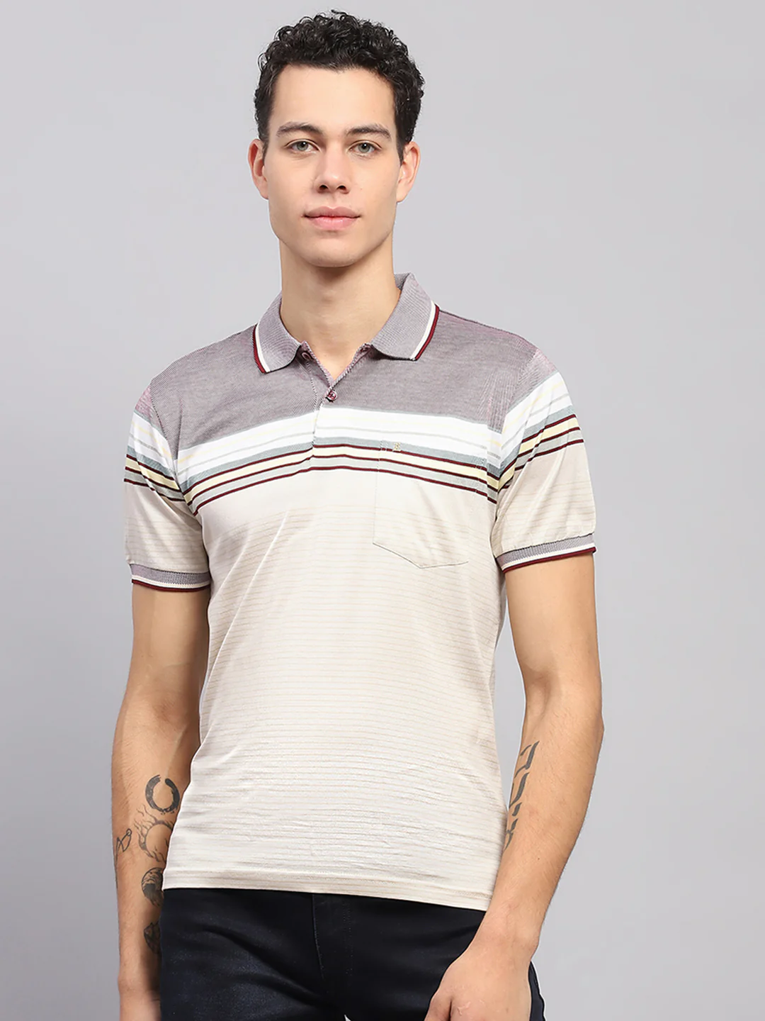Men Multicolor Stripe Polo Collar Half Sleeve T-Shirt - Image 2
