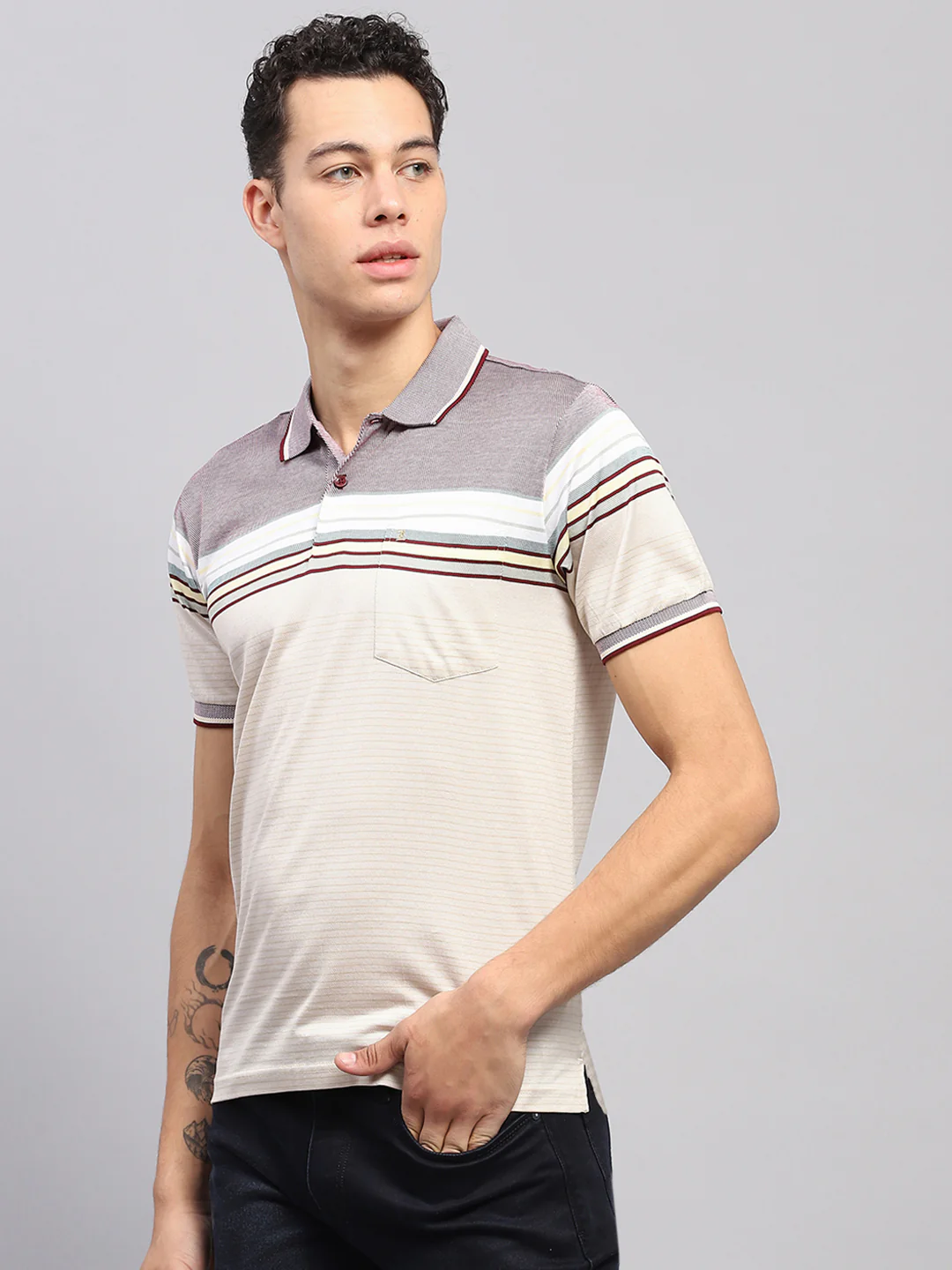 Men Multicolor Stripe Polo Collar Half Sleeve T-Shirt - Image 3