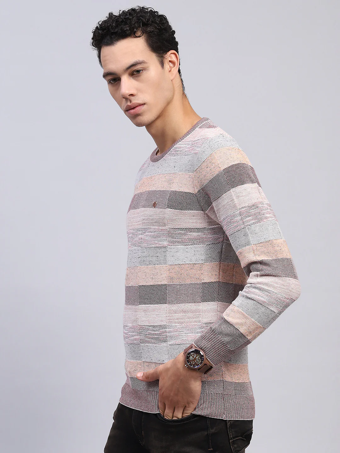 Men Multicolor Stripe Round Neck Full Sleeve Pullover - Image 3