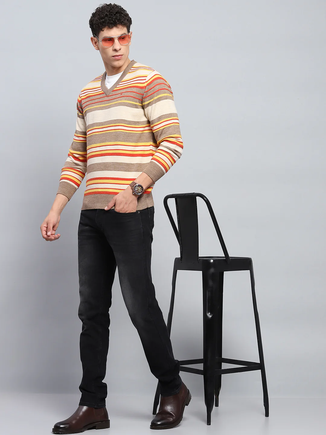 Men Multicolor Stripe V Neck Full Sleeve Pullover - Image 2