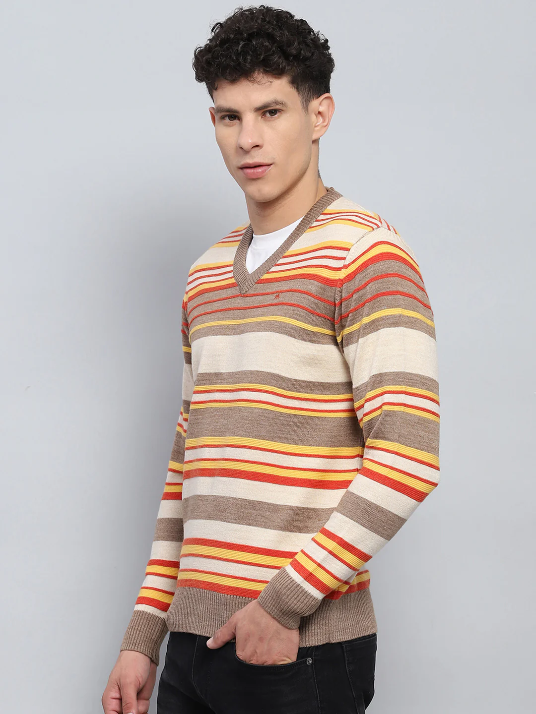 Men Multicolor Stripe V Neck Full Sleeve Pullover - Image 3