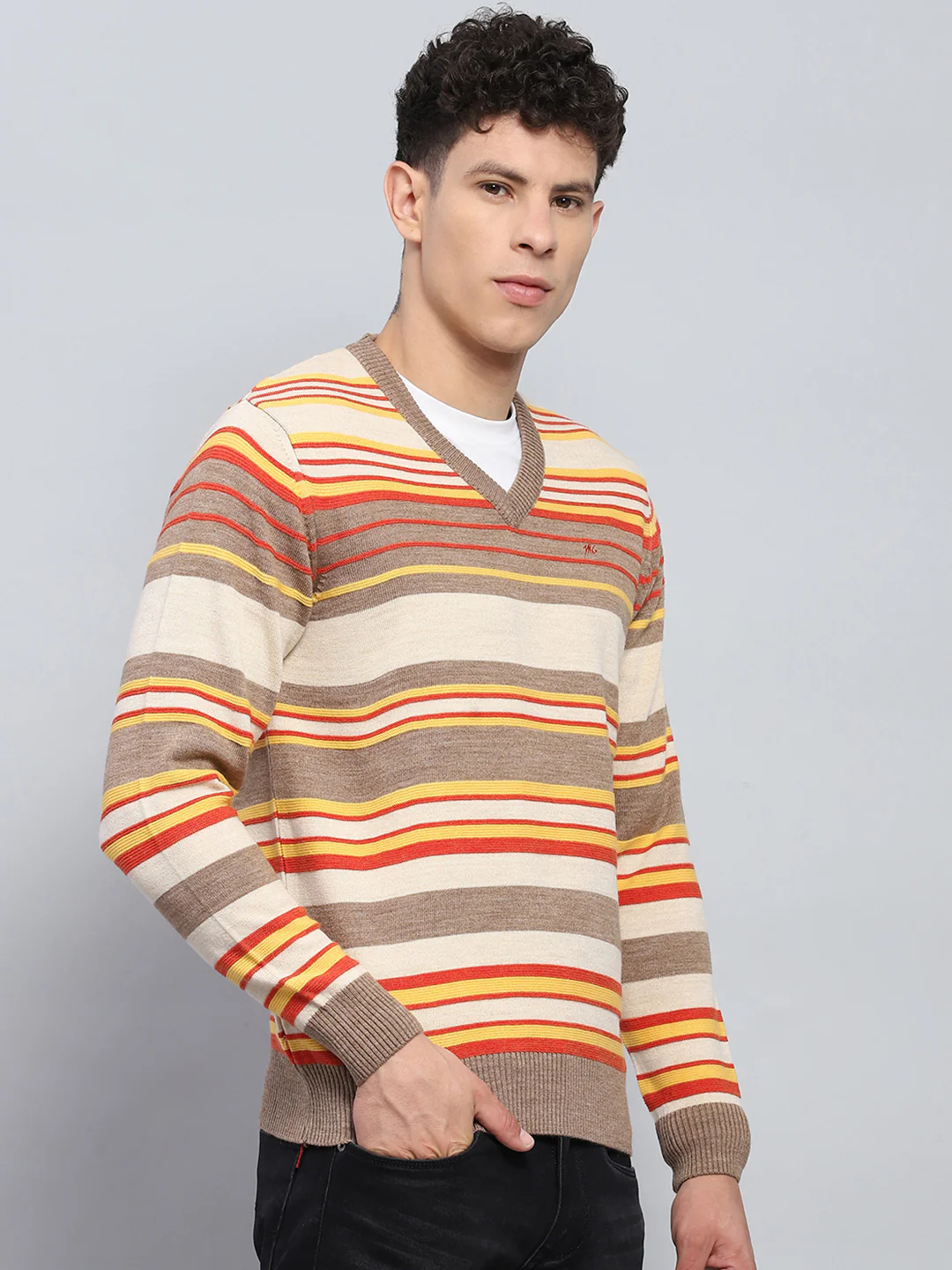 Men Multicolor Stripe V Neck Full Sleeve Pullover - Image 4