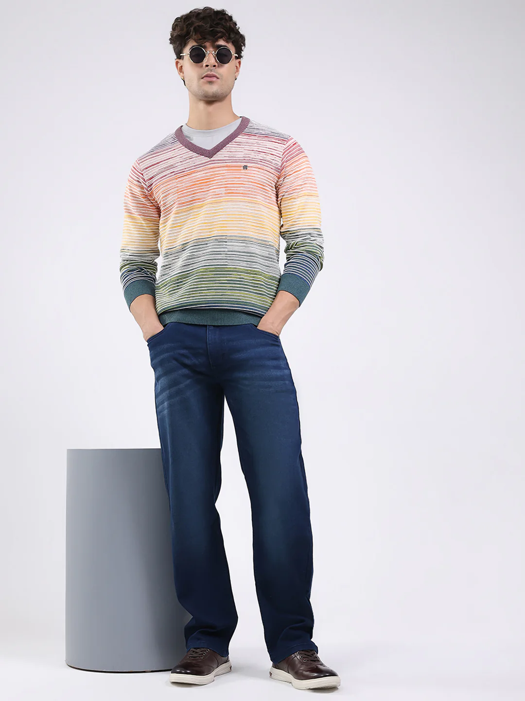 Men Multicolor Stripe V Neck Full Sleeve Pullover - Image 2