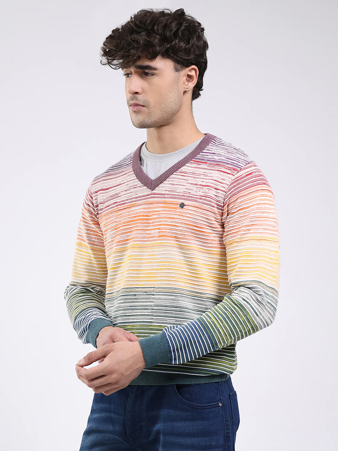 Men Multicolor Stripe V Neck Full Sleeve Pullover - Image 3