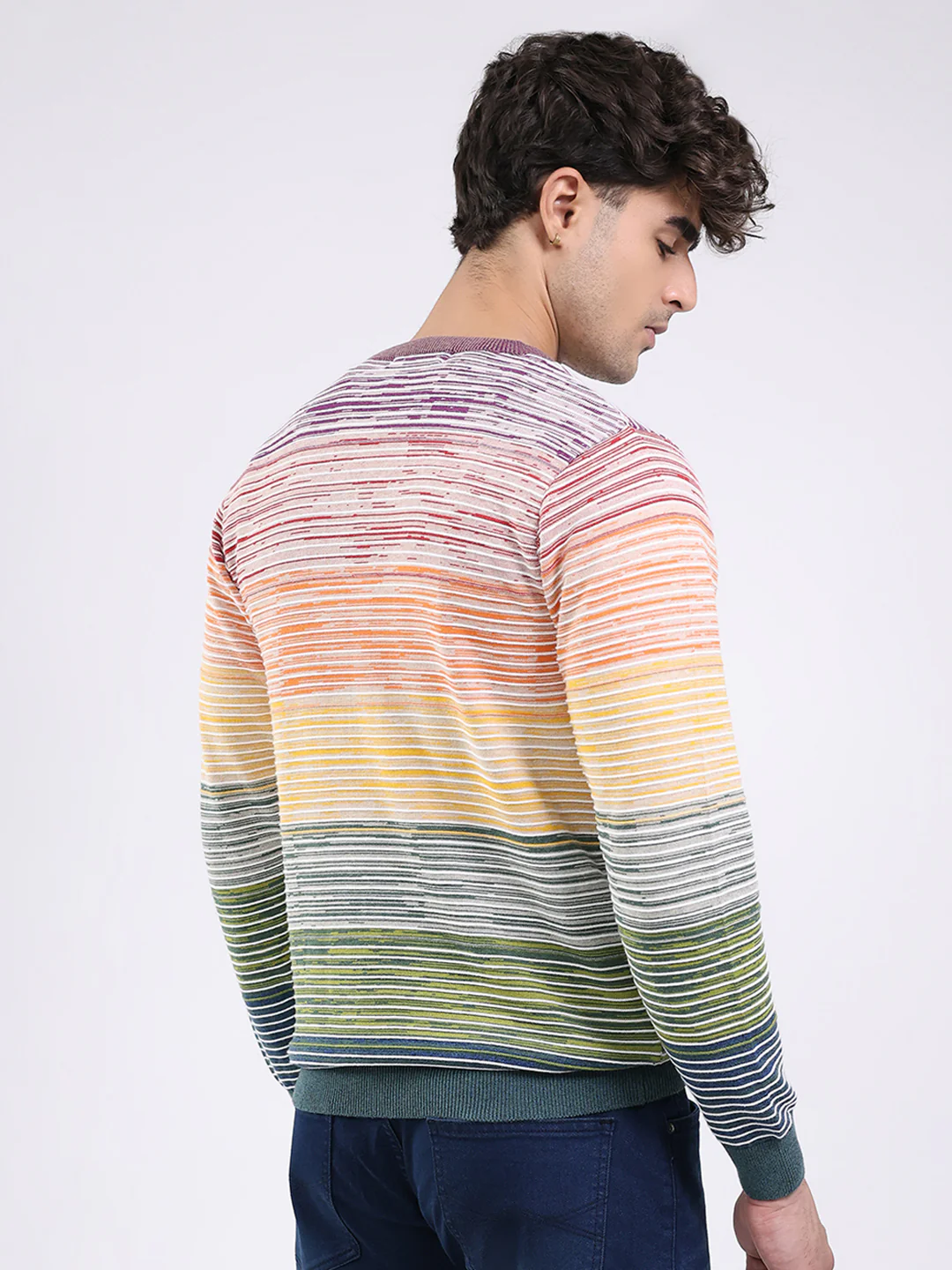 Men Multicolor Stripe V Neck Full Sleeve Pullover - Image 5