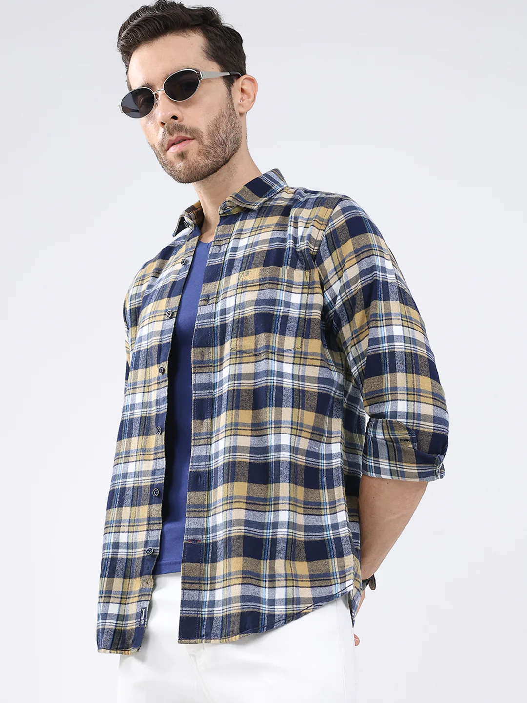Men Mustard Check Collar Full Sleeve Shirt - Image 6