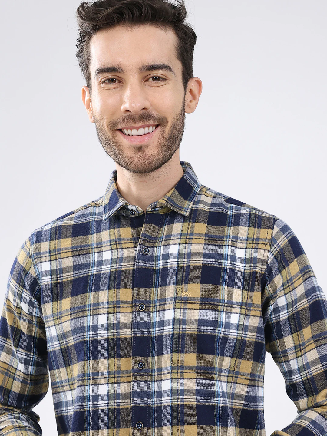 Men Mustard Check Collar Full Sleeve Shirt - Image 7