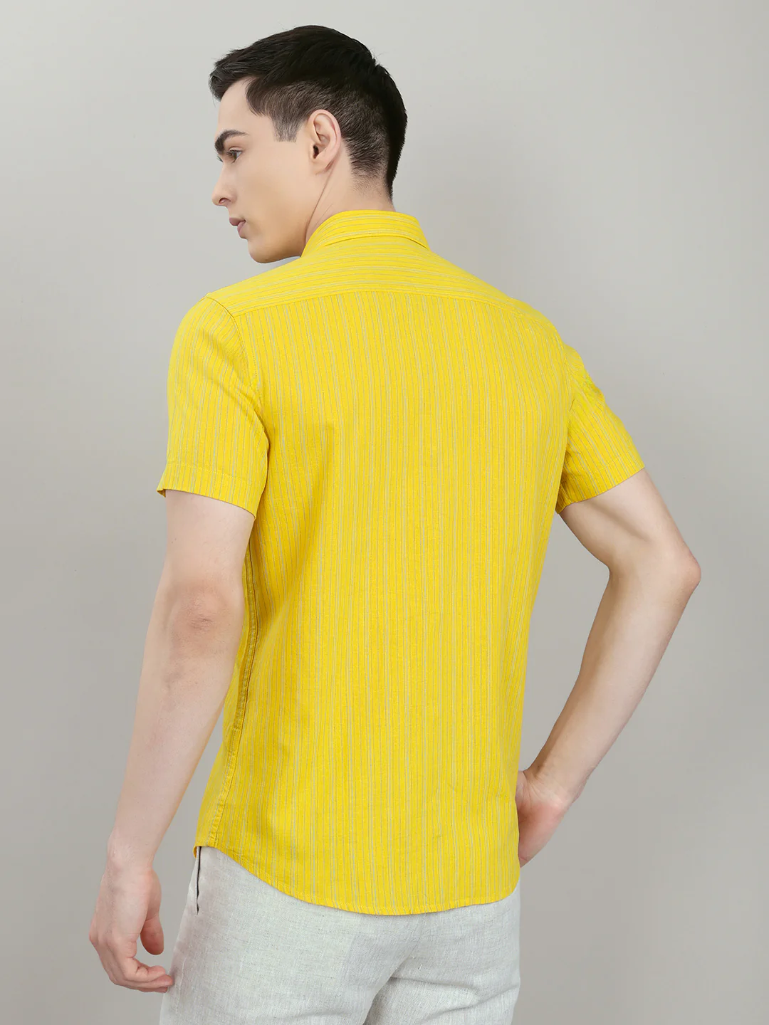Men Mustard Check Collar Half Sleeve Shirt - Image 5