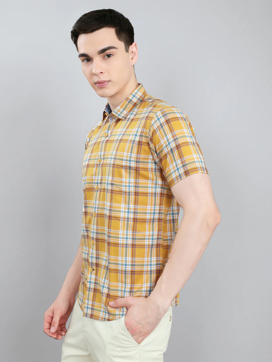 Men Mustard Check Collar Half Sleeve Shirt - Image 2