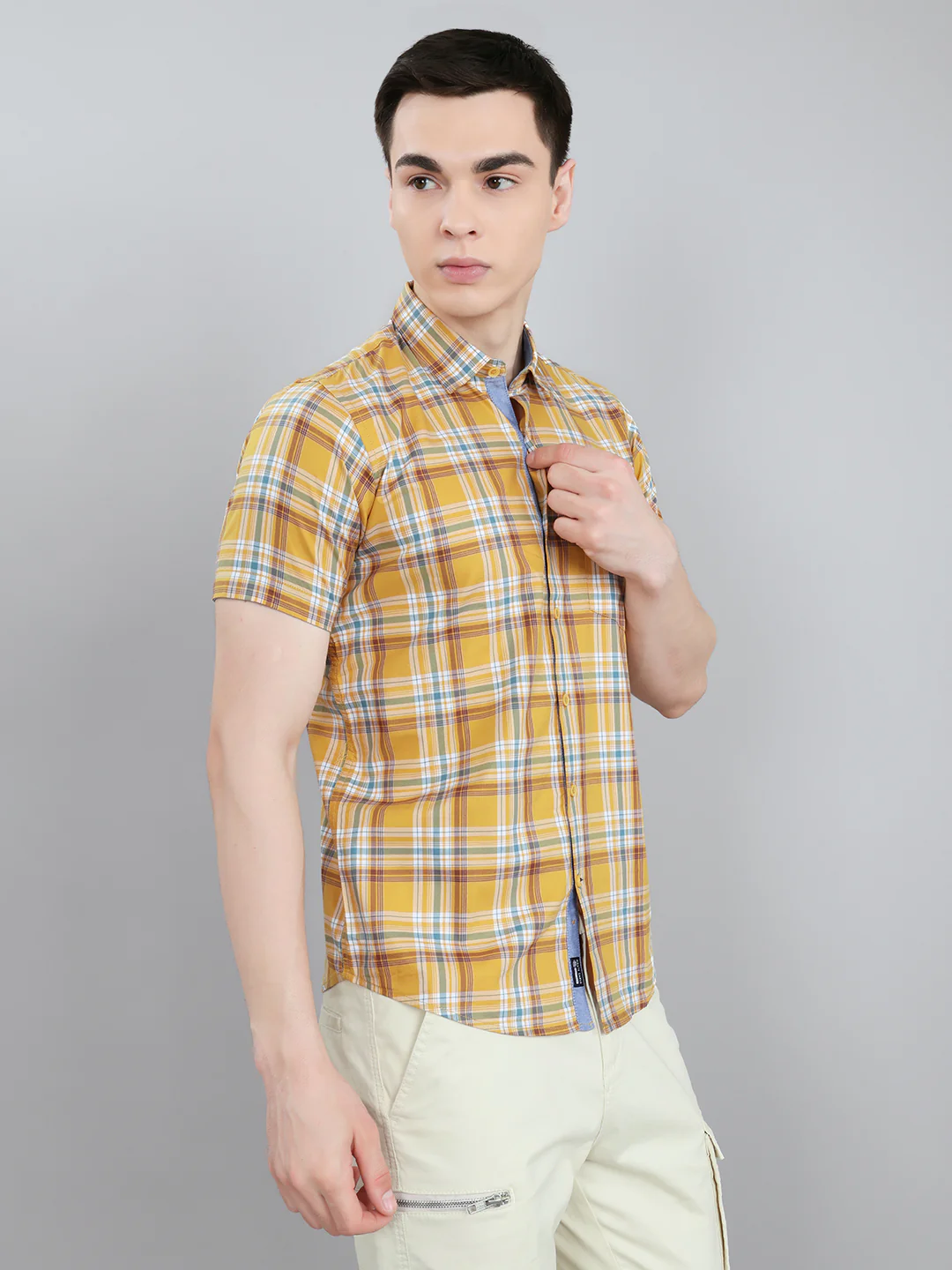 Men Mustard Check Collar Half Sleeve Shirt - Image 3
