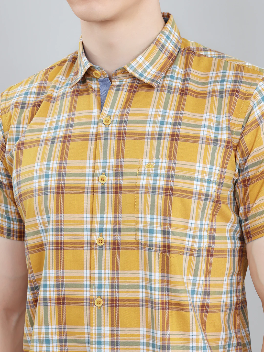 Men Mustard Check Collar Half Sleeve Shirt - Image 5