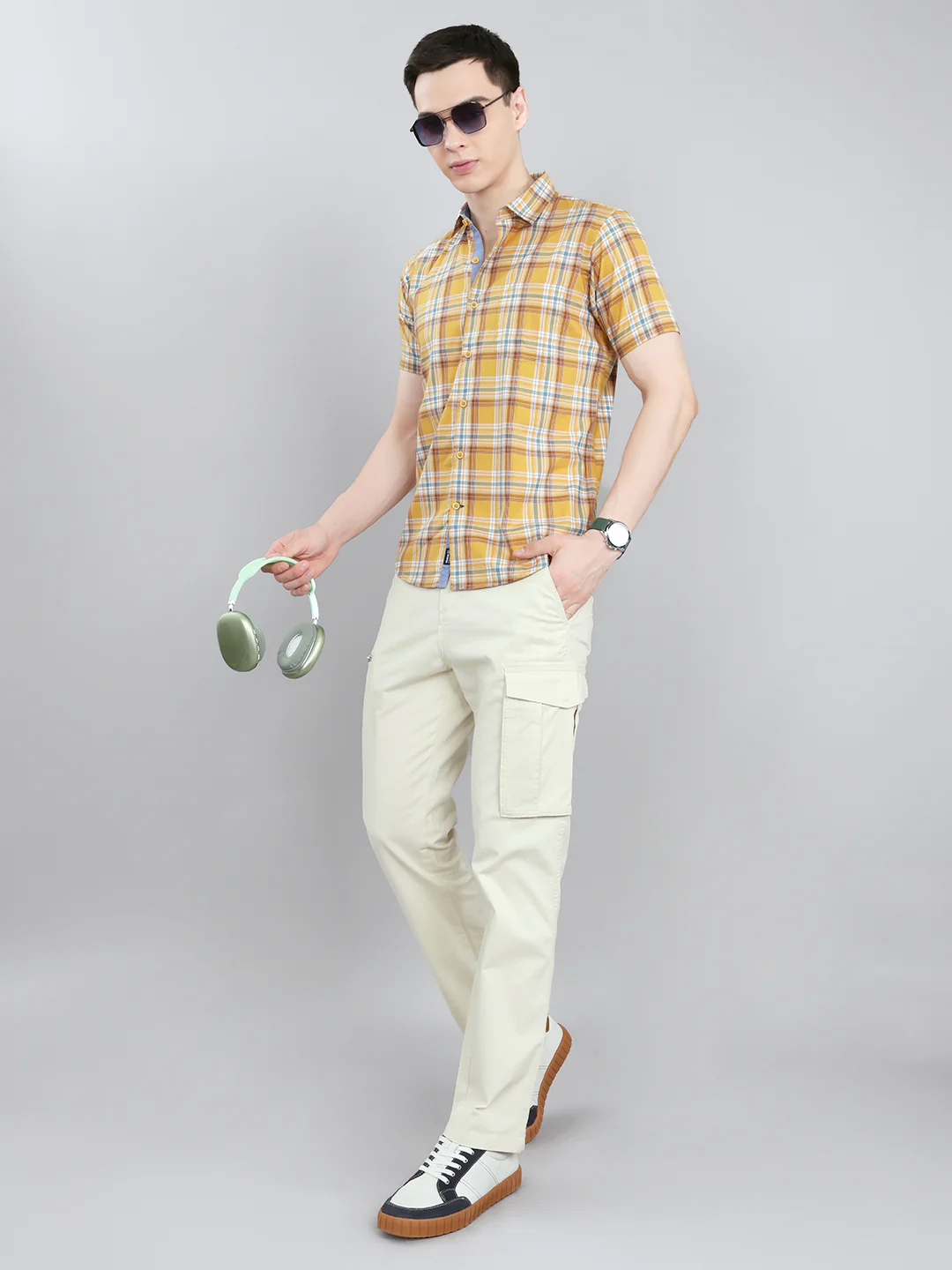 Men Mustard Check Collar Half Sleeve Shirt - Image 6